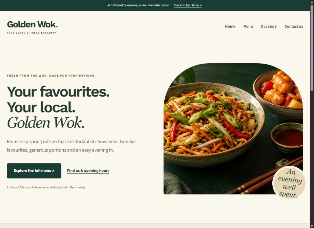 Golden Wok multi-page demo with a full menu, opening hours and contact page